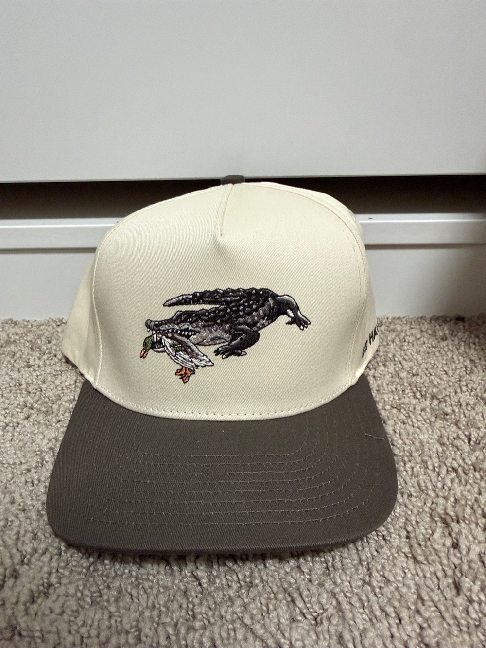 Cream and Brown Trucker Hat with Embroidered Alligator and Duck